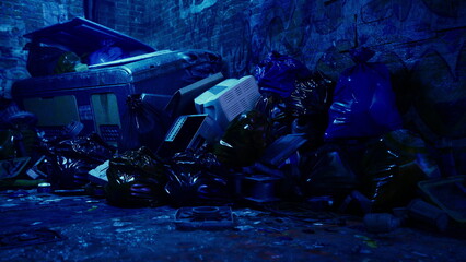 An alleyway at night is cluttered with vibrant trash bags and various discarded items. The eerie blue light casts shadows on the brick walls, creating a haunting atmosphere.