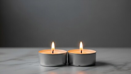 Two glowing tea lights with flickering flames casting warm light on a textured surface against a dark, moody background.