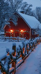 barn surrounded by snow-covered fence wrapped in garland and lights .
