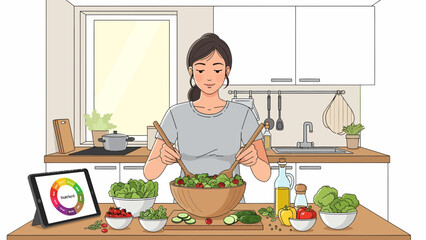 Woman Preparing Fresh Salad in Kitchen.