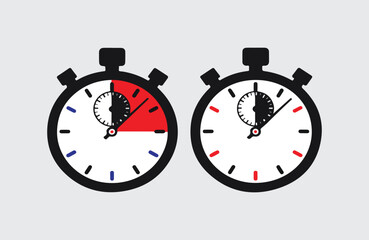 Two stopwatches showing different elapsed times. Modern stopwatch vector.