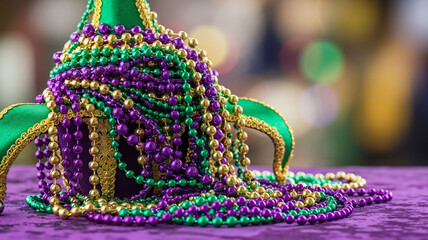 Mardi Gras beads in vibrant colors on a decorative surface, with copy space