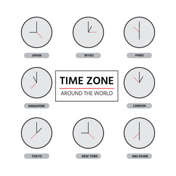 Various time zones around the world displayed with clocks