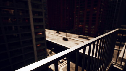 Obraz premium A balcony railing frames a stunning cityscape at night. Bright lights from buildings illuminate the dark sky. The quiet streets below contrast with the vibrant atmosphere above.