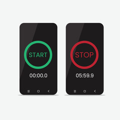 Two smartphone screens displaying stopwatch functions with start and stop buttons.
