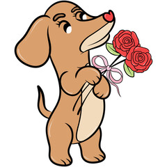 A dachshund holding a rose for Valentine's Day, Dachshund Valentine Clipart