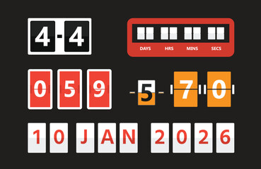 Collection of digital flip counters and date display. Modern digital filp counter vector.