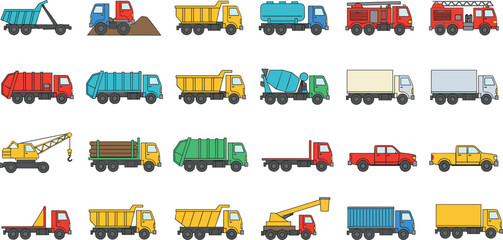 Cartoon truck icons collection, construction service transport vehicles, dump fire crane mixer garbage cargo trucks, colorful flat vector set © Mst