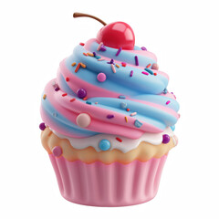 3D cute cupcake with pink and blue frosting isolated on transparent background
