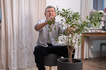 Elderly man caring for houseplant at home