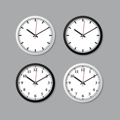 Four round analog clocks displaying different times