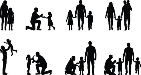 Family silhouette activities collection, parents and children bonding moments, walking playing lifting kids, happy black flat vector illustration set
