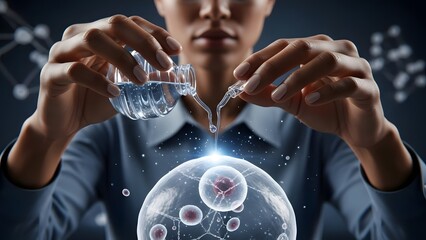 Scientist carefully drips liquid into a glowing cellular structure surrounded by floating cells