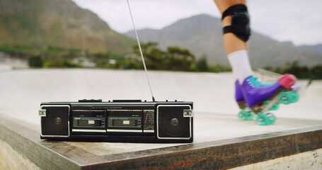 Radio, roller skates and legs with person for sports, action and agile with retro music outdoor....
