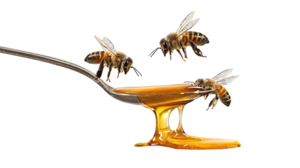 honey dripping from metal spoon with flying bees macro food sweetness nature detail isolated on white background