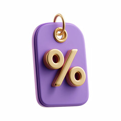 3D purple discount tag with percent symbol isolated on transparent background