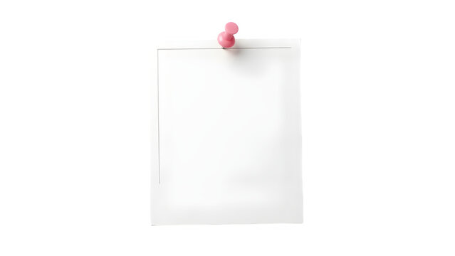 Blank white instant photo print pinned with a pink thumbtack, isolated on white.