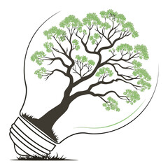 Tree growing inside transparent light bulb white background