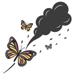 Butterflies escaping dark smoke cloud pollution freedom