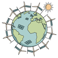Earth with solar panels and wind turbines around it and a sun