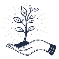 Hand nurturing glowing energy plant on white background