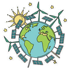 Earth with solar panels and wind turbines globe planet