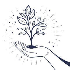 Hand nurturing glowing energy plant white background