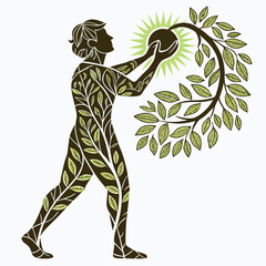 Human silhouette made of leaf textures holding energy sun