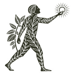 Human silhouette made of leaf textures holding sun