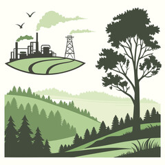 Industrial landscape transforming into green hills and trees