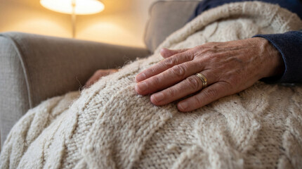 An elderly individual rests comfortably under a soft, cable-knit blanket, hands gently placed in their lap. The scene, softly lit by ambient indoor illumination.
