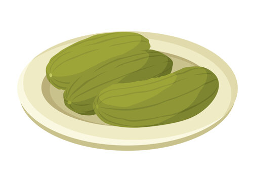Homemade pickled cucumber. Clip-art of marinated food for packaging, label, menu, signboard or showcase. Fermented veggies, crunch gherkin with salt. Healthy vegetarian food