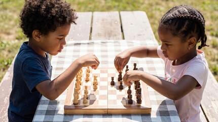 Two young children engage in an intense chess match outdoors, their focused expressions and small hands moving wooden pieces across the board in a friendly yet strategic competition. 