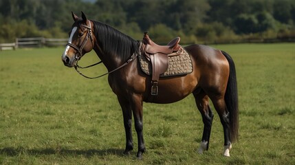 A realistic brown horse standing calmly in an open green field, natural daylight, ultra-detailed, photorealistic.