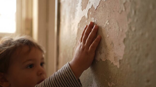 A child's curious hand gently explores peeling paint on a wall.