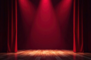 Crimson curtain rises, spotlight illuminates empty stage, scene, performance space