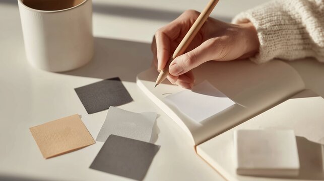 Writing notes with pencil on a notepad beside colorful paper squares in a well-lit space