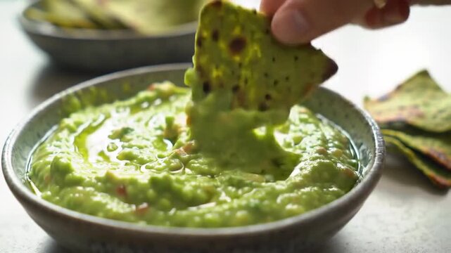 Chip dips in guacamole. Table with other chips. Recipes or food blog