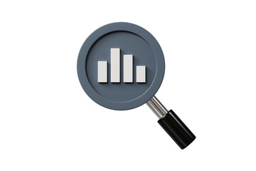 3d magnifying glass icon. performance analytics concept. minimal cartoon data analysis bar chart dashboard for business reporting. isolated on white background. 3d render.