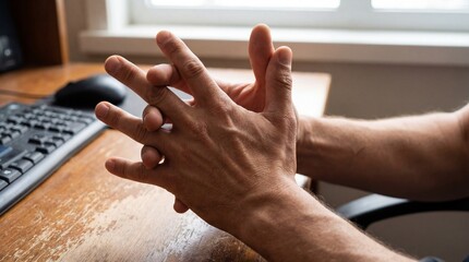 A person's hands delicately interlock while seated at a desk. An intimate view of clasped fingers suggests thoughtfulness and concentration.