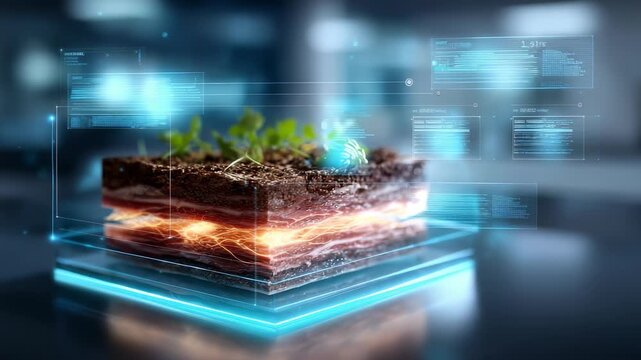 High tech soil cross section with digital interface overlays, highlighting smart farming, sustainable agriculture. Glowing energy lines symbolize scientific breakthroughs in agritech