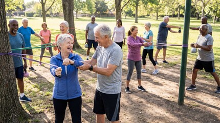 Fototapeta premium Senior exercise class engages in an outdoor fitness session with resistance bands, embodies active aging, well-being, and group strength.