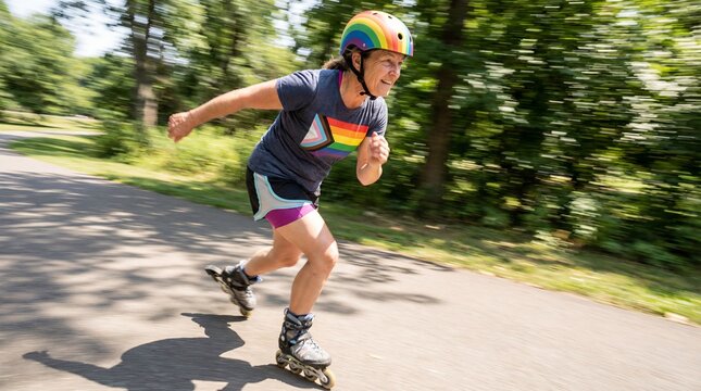 An energetic individual inline skates with a blur background, demonstrating speed and motion in an outdoor setting. This action shot perfectly captures the spirit of sport and active lifestyle.