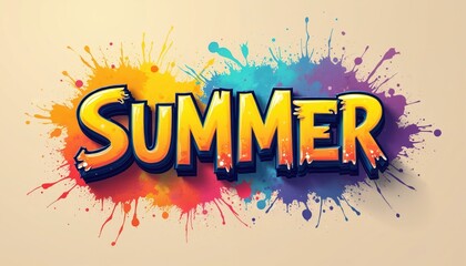 Vibrant yellow text spells SUMMER with a colorful paint splatter effect and shadow. This graphic art represents the fun and bright season, perfect for designs.
