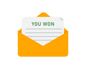Flat design illustration of an open yellow envelope with a letter inside announcing a win on a clean white background.