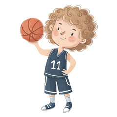 Cute watercolor illustration of a little boy with curly light brown hair, wearing a basketball jersey vector