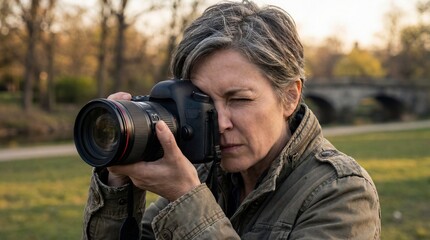 A focused photographer capturing a moment with a professional camera, embodying artistic vision and technical skill. The setting is a park, suggesting a blend of nature and photography.