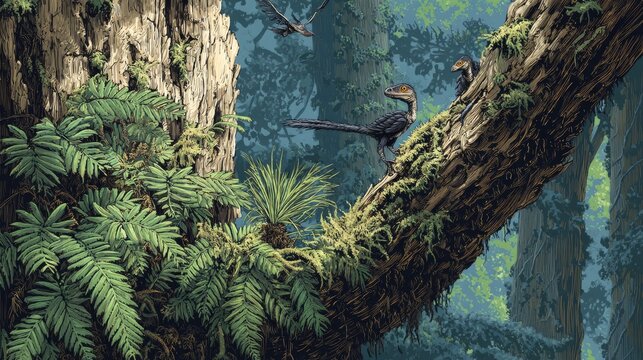 Among ferns and volcanic ash, small feathered dinosaurs like Microraptor glided from tree to tree, blurring the line between ancient reptile and the birds of the future