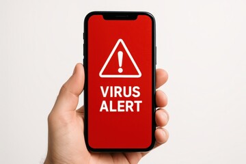 Digital Sentinel: A hand holds a smartphone displaying a virus alert, signaling a digital threat.