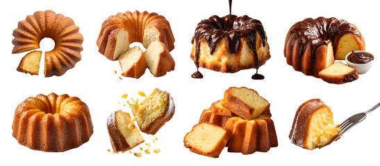 Butter bundt moist ring shape cake pastry dessert, with chocolate ganache dip, fork, stack broken slice pile bitten. on transparent cutout, PNG file. Many different angle, Mockup template for artwork